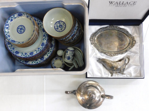 Lot 59 - 2 x Boxes Ceramics & EPNS inc Oriental Dinner Set Grey with blue &a