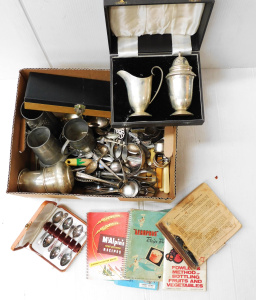 Lot 63 - Box lot Vintage items inc EPNS - Napkin rings Cased Milk Jug & Suga