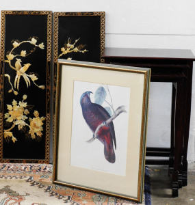 Lot 79 - Group lot inc Framed John Gould Print, Pair of Oriental panels with she