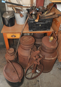 Lot 85 - Group Lot of Vintage Rusted Metal Farm Items incl 3 x Large Metal Milk