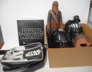 Lot 93 - Box Star Wars items, incl Action Figures, Masks, Soundtrack LP Record,