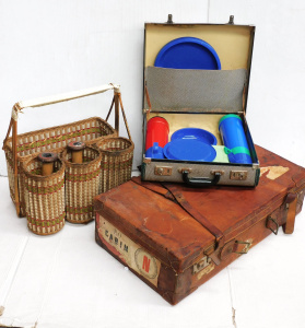 Lot 94 - 3 pces vintage inc Wicker carry picnic basket w 2 wooden spools, Picnic