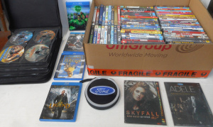 Lot 96 - Box Lot Movie and Music DVDs, incl Blu-ray Discs, Ford DVD Wallet, etc