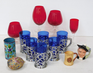 Lot 170 - Mixed Group lot inc Ruby stemmed glasses, Cobalt blue tumblers in EPNS