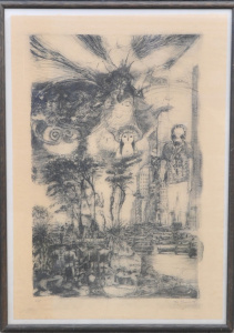 Lot 190 - Artist Unknown - Framed Surrealist Lithograph - The City, Owls & F