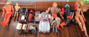 Lot 224 - Box Vintage Action Figures and Diecast cars, incl Mego Dinah-mite doll