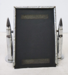 Lot 229 - Vintage Chrome Trench Art Standing Photo Frame w Bullet Decoration - a