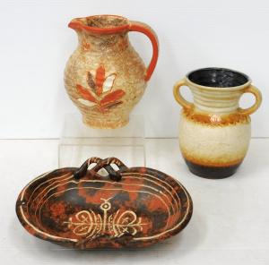 Lot 259 - 3 pces Mid Century West German Pottery inc Ribbed Jug w Handpainted or