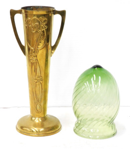 Lot 263 - 2 pces vintage inc Brass Art Nouveau Vase 19cm H & Green Glass Lig