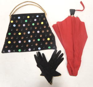 Lot 267 - Group Lot Vintage Ladies Accessories - incl Polka Dot Handbag, Red Art