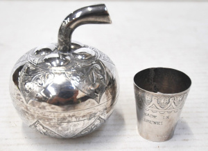 Lot 306 - Group Silver - small Cup marked Brunei & embossed apple shaped con