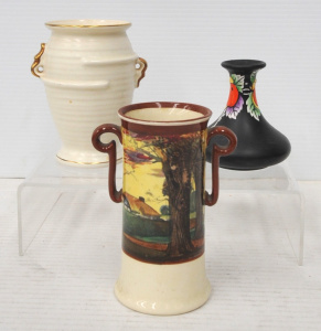 Lot 328 - 3 x Vintage c1930s English ceramic Vases - Shelley Deco w Black ground