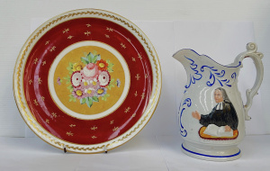 Lot 355 - 2 x pces 19thC china - hand painted charger with cameo of flowers on g