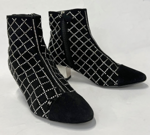 Lot 360 - Pair pre-owned Chanel ladies black suede ankle boots decorated with Rh