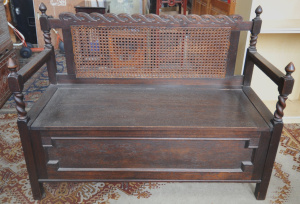 Lot 6 - Vintage Oak Bench Seat made by Ackmans Ltd Fitzroy - Rattan Backing &