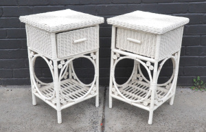 Lot 8 - Pair white painted Wicker bedsides - Single drawer to tops, scrolly deco