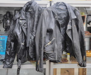 Lot 18 - 2 x Black Leather Motorcycle Riding Jackets incl Large Diamond Plate Bu