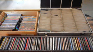 Lot 40 - 3 x Boxes CDs and DVDs, vinyl-covered CD rack, JanQ 1000 disc Aluminium