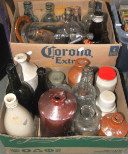 Lot 51 - 2 x Boxes of Mixed Ceramic & glass Bottles incl Soda Siphons, Ceram