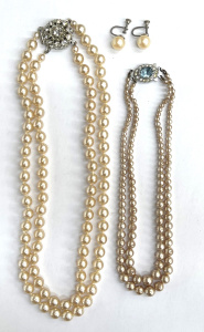 Lot 60 - Group vintage faux pearl jewellery - 2 x double strand necklaces with d