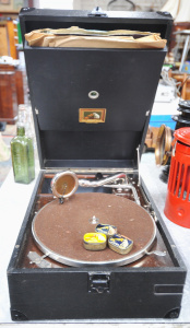 Lot 68 - Vintage HMV Portable Gramophone w HMV Needle Tins & Records