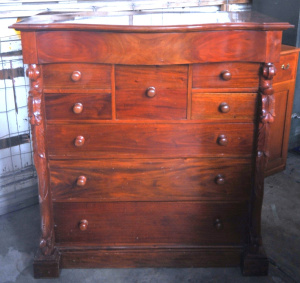 Lot 70 - Victorian Style Tall Teak Dresser w Eight Drawers & Carved Corbels