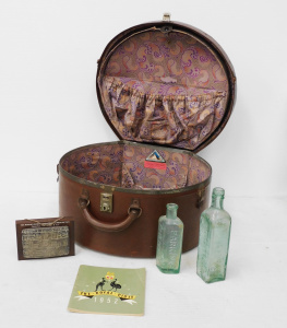 Lot 79 - Vintage Leatherette Hat Case & Contents inc 2 x Vintage bottles, Th
