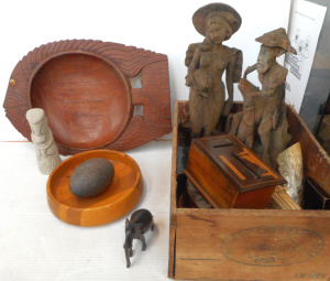 Lot 82 - Box lot Carved Wooden Items, incl large carved fish-bowl, stone tiki, e