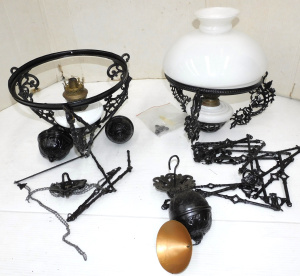Lot 88 - 2 x Vintage Cast Iron Lamps - (1AF) Light shades both with milk glass o