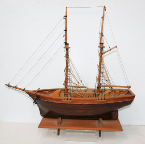 Lot 99 - Vintage scratch built wooden Sailing ship model - fixed to stand 60cm H