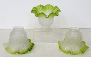 Lot 158 - 3 x Victorian style frosted glass light shades fluted green rims