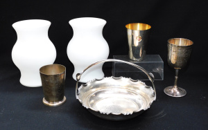 Lot 186 - Mixed Group Vintage items inc Pair white milk glass light shades, EPNS