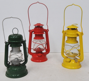 Lot 226 - 3 x Vintage Colourful Hurricane Lamps - incl Feuerhand, Ditmar, etc