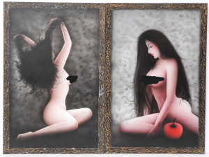 Lot 231 - Pair kitsch c1990s Airbrush Paintings - Nudes - both unsigned, 1 w som
