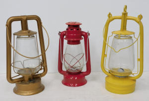 Lot 232 - 3 x Vintage Colourful Hurricane Lamps inc Gold American Rayo, Yellow T