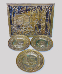 Lot 235 - 4 pces vintage Brass inc 3 round wall plaques with sailing boat scene