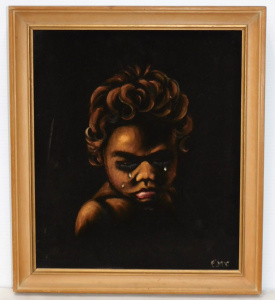 Lot 237 - Vintage Kitsch Framed Felt Painting - Sad Aboriginal girl 34 x 28cm