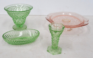 Lot 242 - 4 pcs of Coloured Depression glass inc Green Art Deco Stepped Vase, Pi