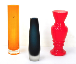 Lot 253 - 3 pces Art Glass inc Matt Black textured vase, Orange Cylinder vase &a