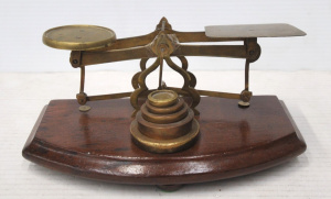 Lot 256 - Vintage Wood & Brass Postal Scales - w Original Imperial Weights