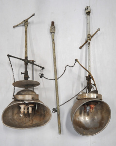 Lot 267 - Pair of Vintage Gasolier Hanging Lights w Aluminium Adjustable Shades