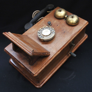 Lot 268 - Vintage Wooden Cased Wall Mountable Telephone w Modern Plug & Mark