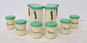 Lot 287 - Lot of Plastic & Bakelite Cream and Green Kitchen Spice Canisters