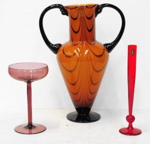 Lot 292 - 3 pcs Art Glass inc Whitefriars Ruby glass Bud Vase, 27cm H, Twin hand