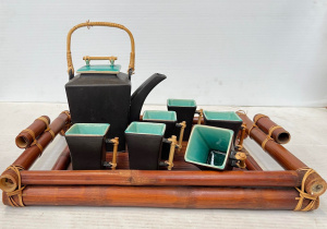 Lot 296 - Vintage Japanese ceramic tea Set with bamboo tray - angular shape, mat