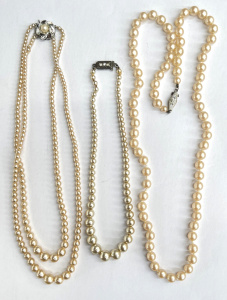 Lot 299 - 3 x vintage faux pearl necklaces - double strand clasp 835 sil, 2 x si