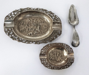Lot 301 - Group lot of Dutch Silver inc 2 x ashtrays with filigree and repousse