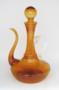 Lot 335 - Vintage Italian Empoli Glass - Amber Spouted Genie bottle with ball st