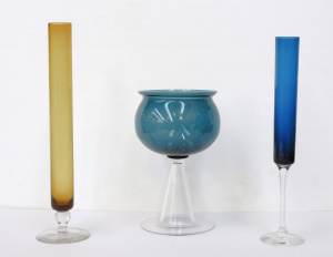 Lot 338 - 3 pces Mid Century Art Glass Vases inc Smokey Blue with clear hollow g