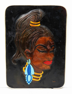 Lot 342 - Mid Century Kitsch Copper Wall plaque - Embossed Hand painted Tribal f